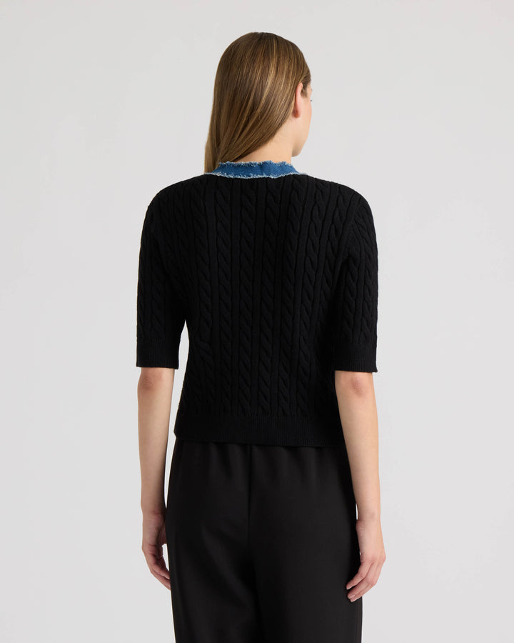 Short Sleeve Cable Sweater with Denim Trim