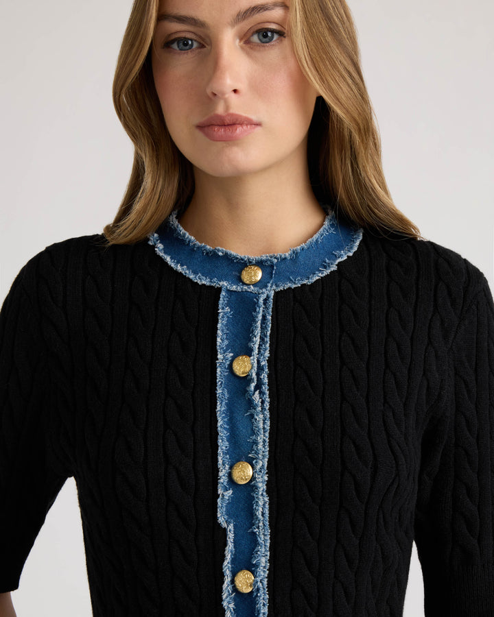 Short Sleeve Cable Sweater with Denim Trim