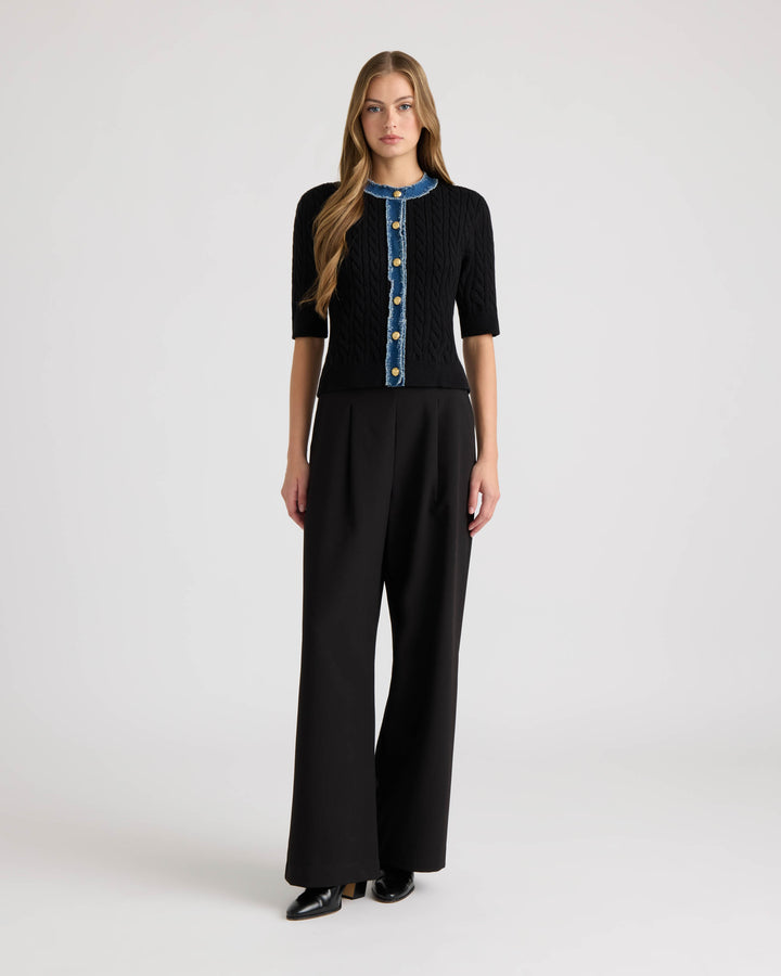 Short Sleeve Cable Sweater with Denim Trim