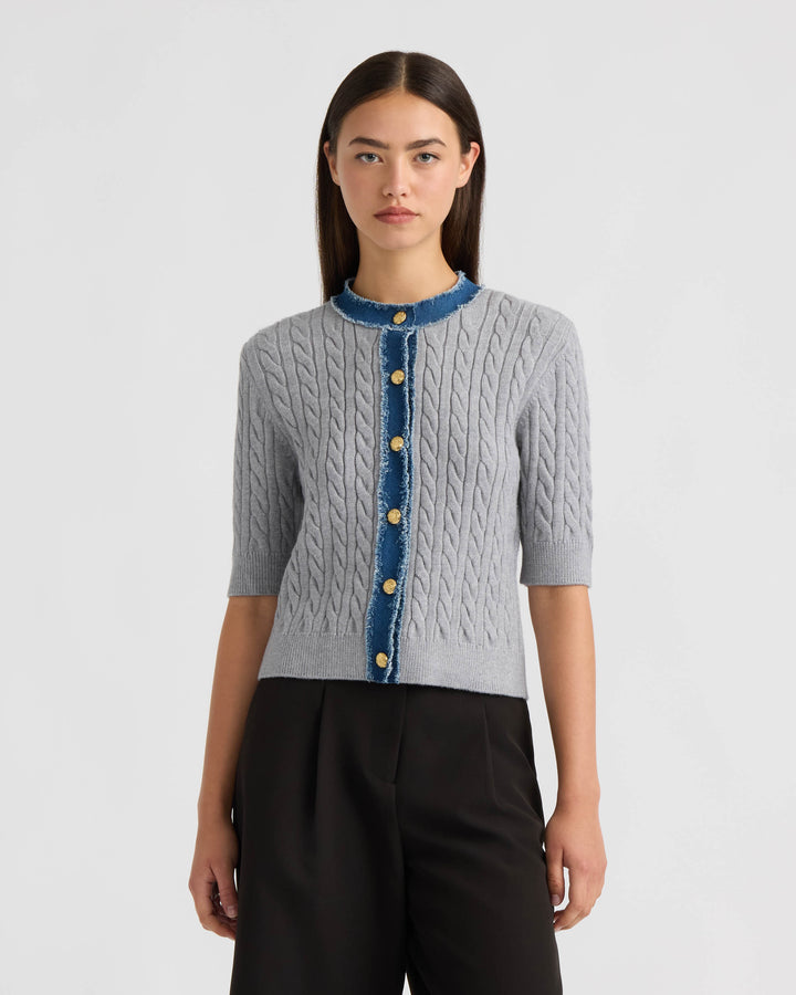 Short Sleeve Cable Sweater with Denim Trim
