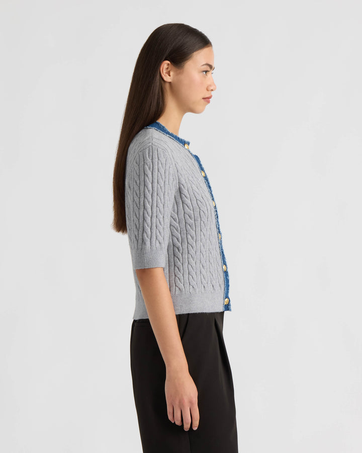 Short Sleeve Cable Sweater with Denim Trim