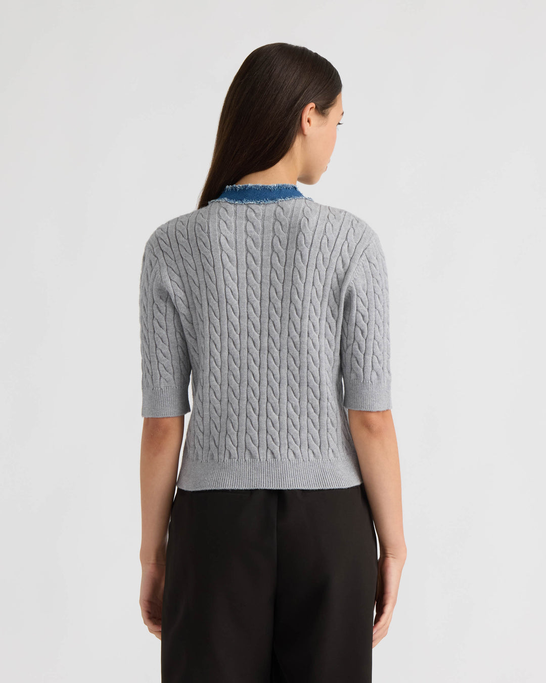 Short Sleeve Cable Sweater with Denim Trim