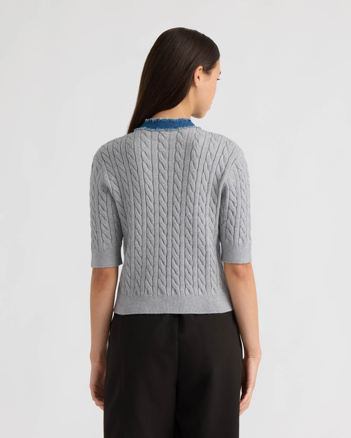 Short Sleeve Cable Sweater with Denim Trim