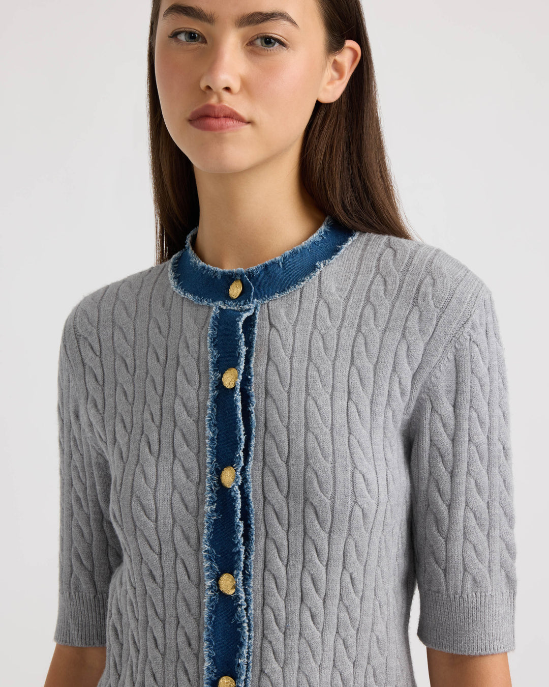 Short Sleeve Cable Sweater with Denim Trim