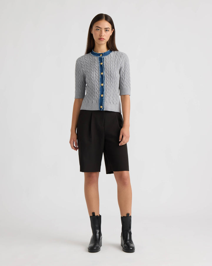 Short Sleeve Cable Sweater with Denim Trim