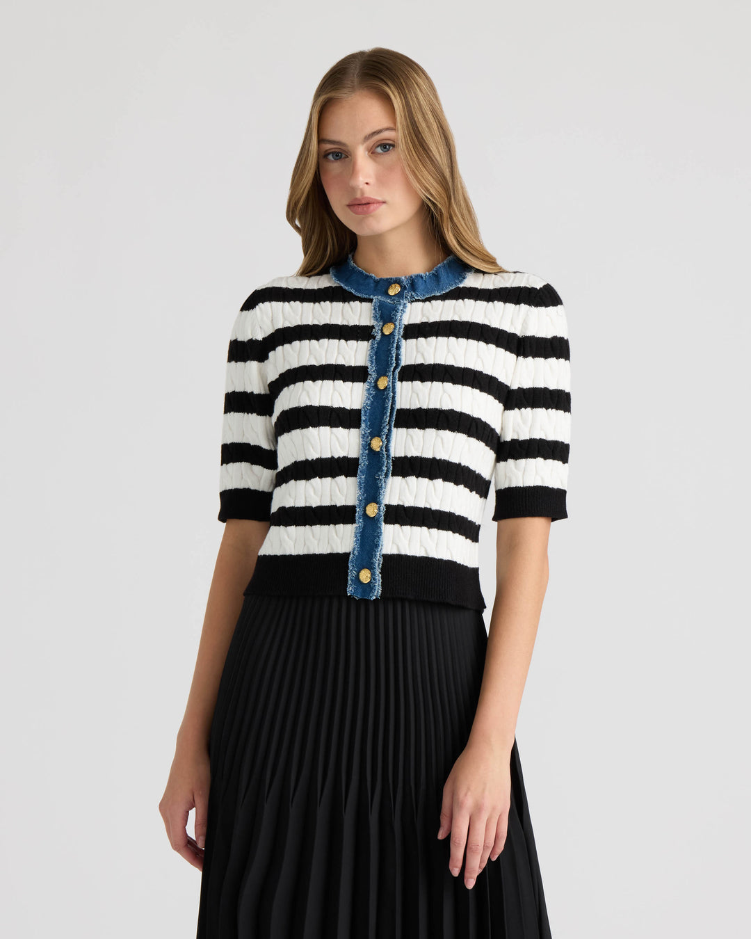 Short Sleeve Cable Sweater with Denim Trim