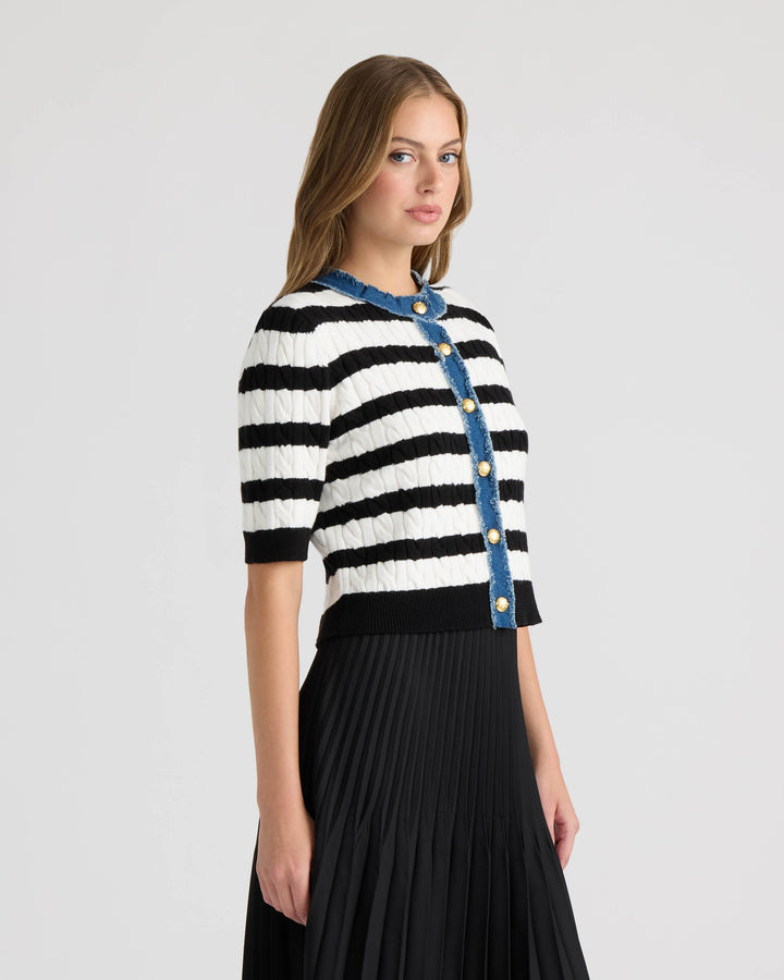 Short Sleeve Cable Sweater with Denim Trim