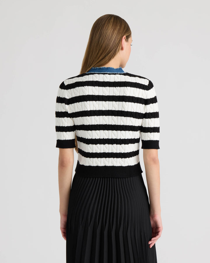Short Sleeve Cable Sweater with Denim Trim