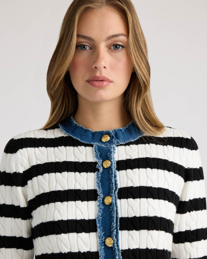 Short Sleeve Cable Sweater with Denim Trim
