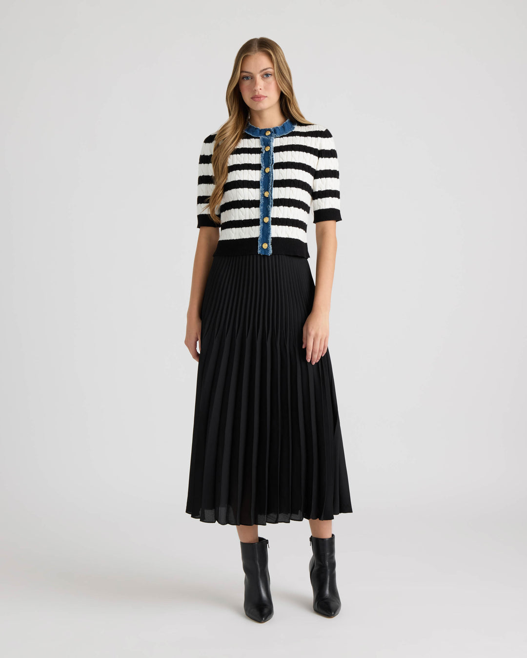 Short Sleeve Cable Sweater with Denim Trim