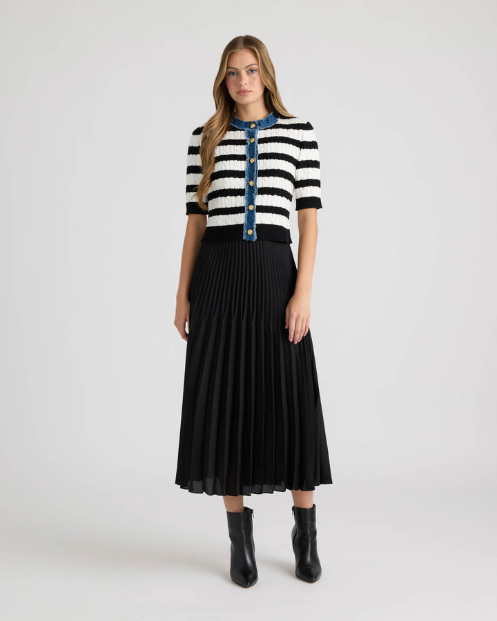Short Sleeve Cable Sweater with Denim Trim