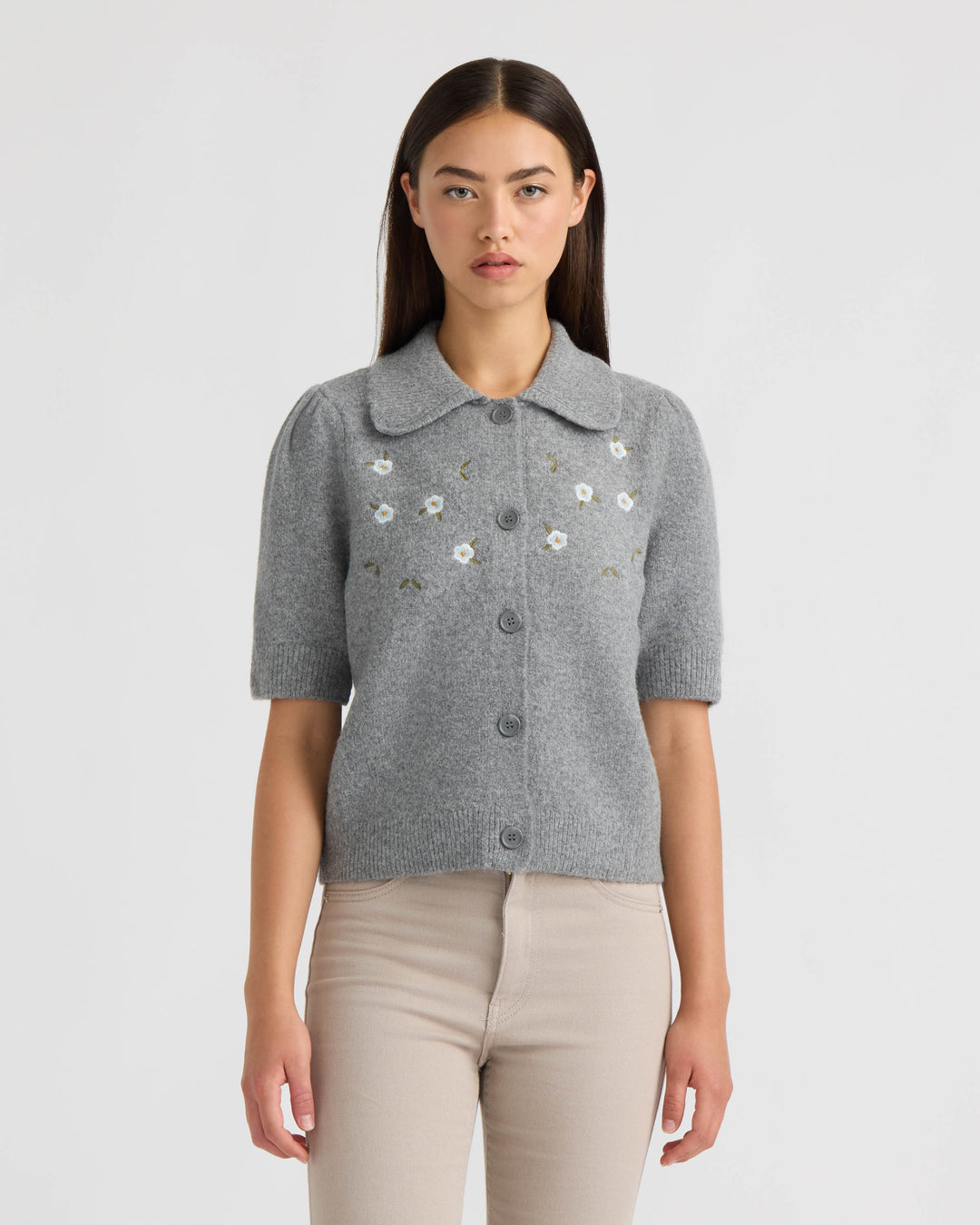 Short Sleeve Cardigan with Embroidery