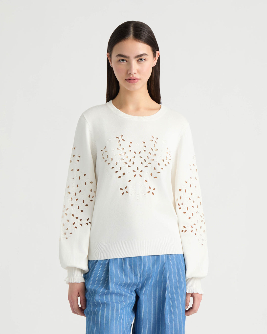 Long Sleeve Eyelet Crew Neck Sweater