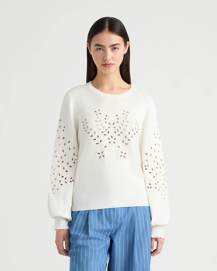 Long Sleeve Eyelet Crew Neck Sweater