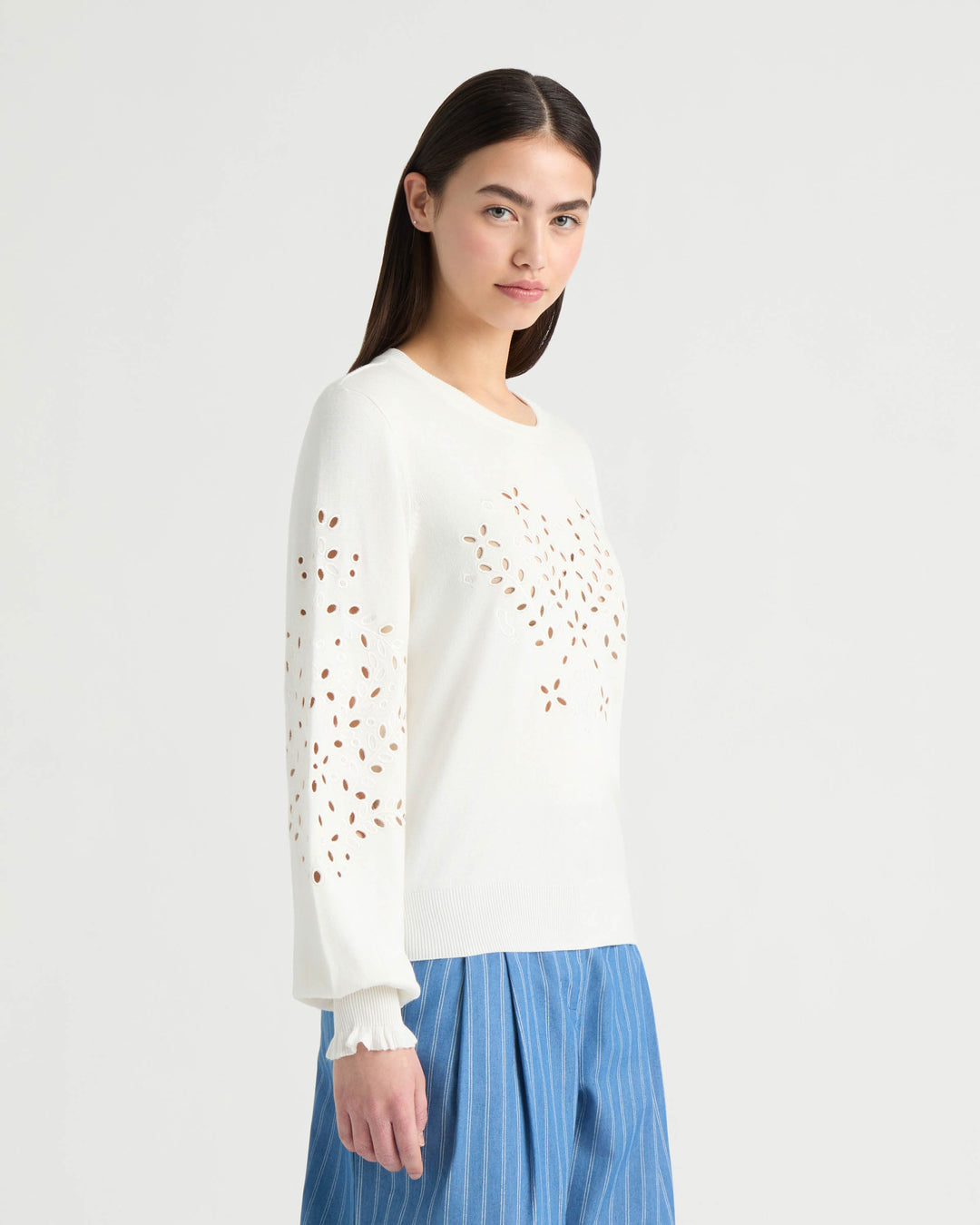 Long Sleeve Eyelet Crew Neck Sweater