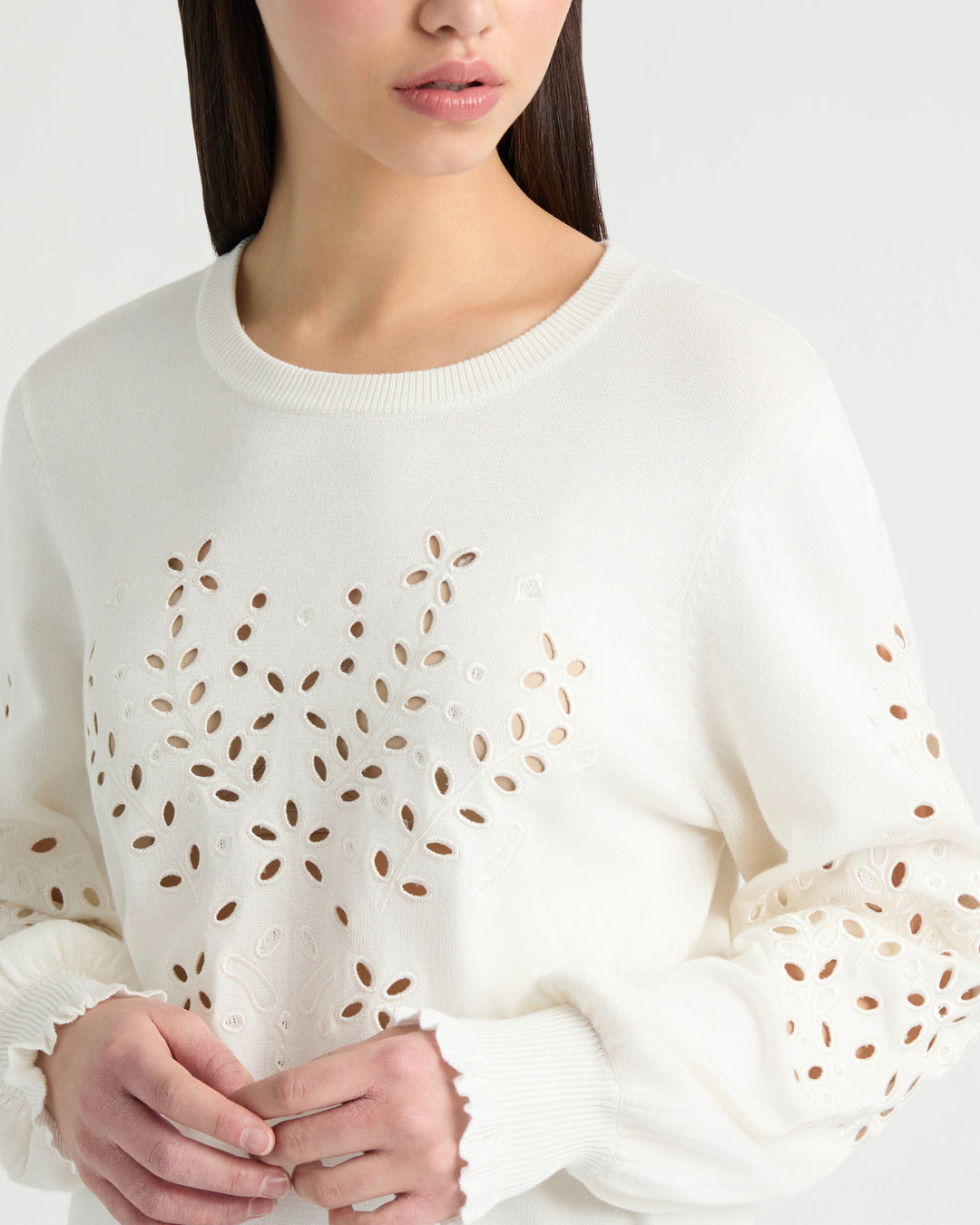 Long Sleeve Eyelet Crew Neck Sweater
