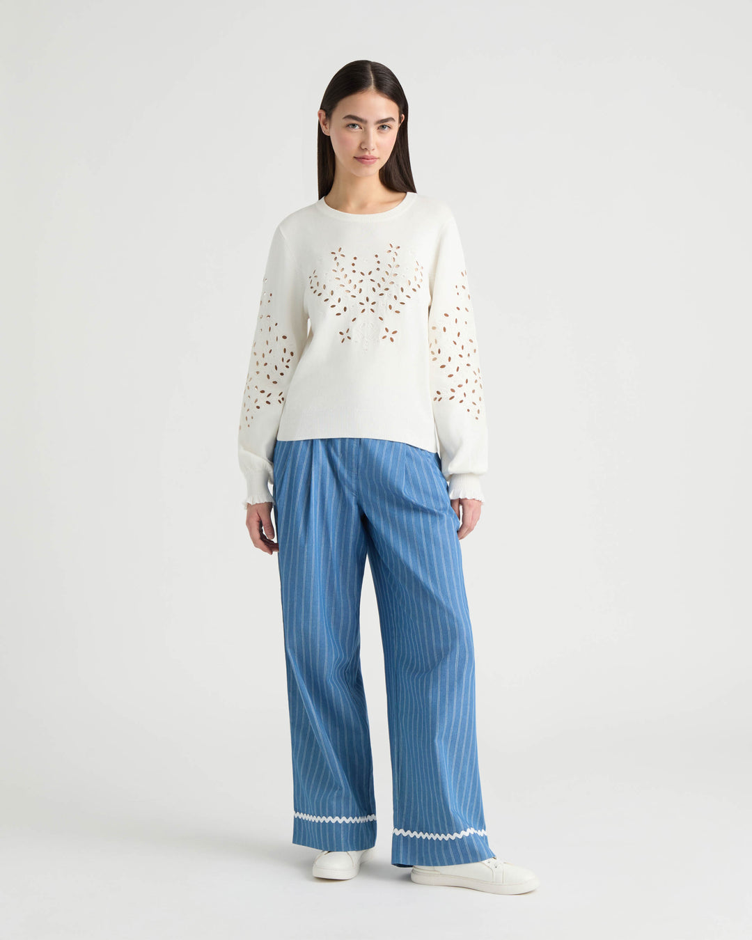 Long Sleeve Eyelet Crew Neck Sweater