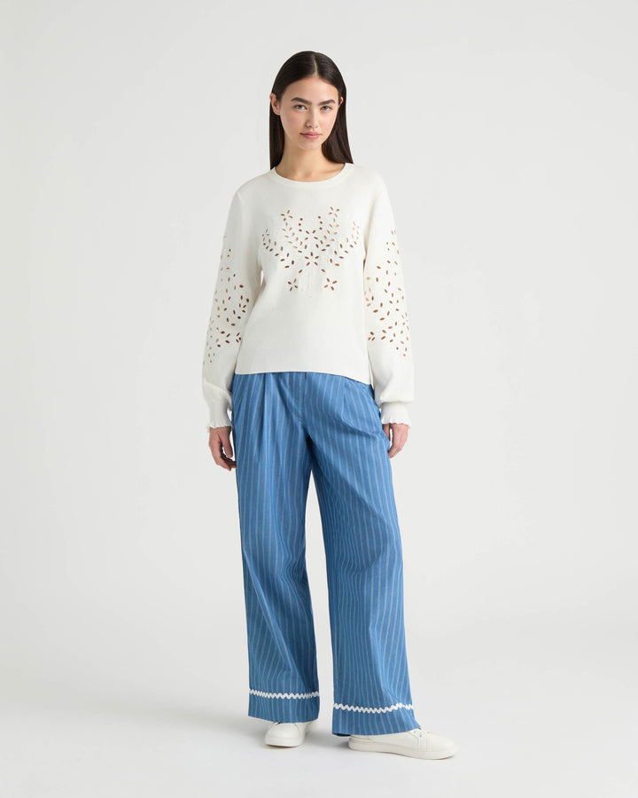 Long Sleeve Eyelet Crew Neck Sweater