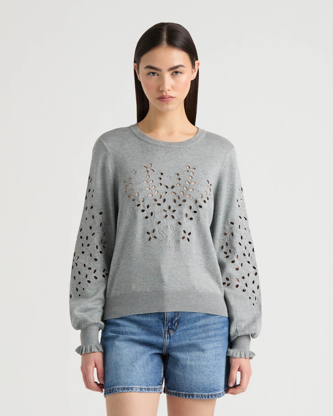 Long Sleeve Eyelet Crew Neck Sweater