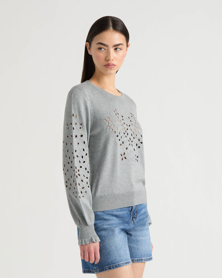 Long Sleeve Eyelet Crew Neck Sweater