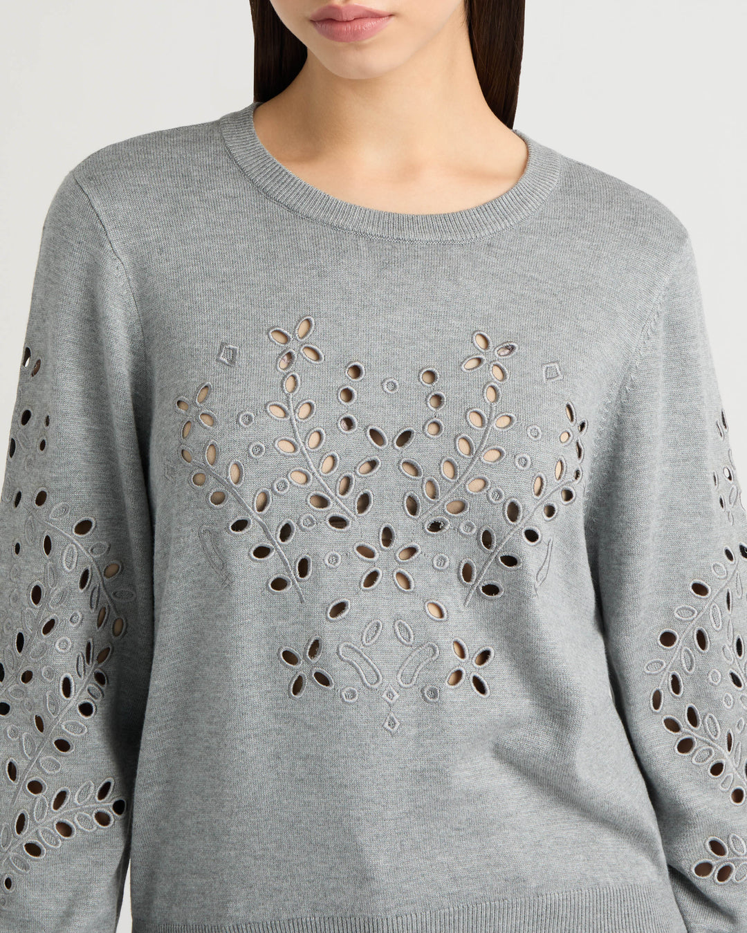 Long Sleeve Eyelet Crew Neck Sweater