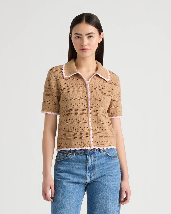 Button Front Crochet Sweater with Contrast Edge