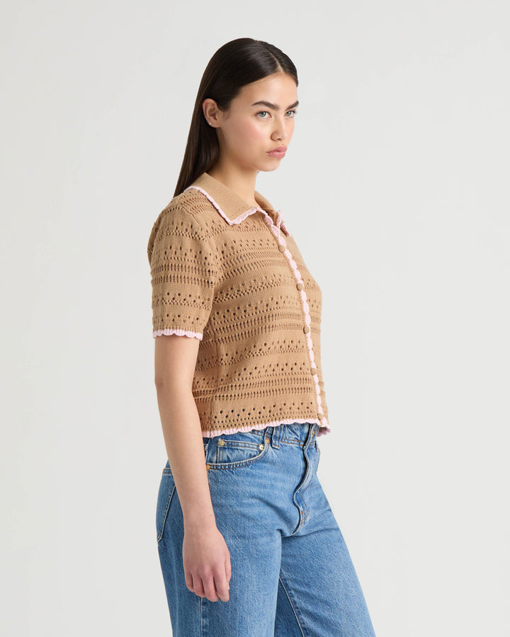 Button Front Crochet Sweater with Contrast Edge