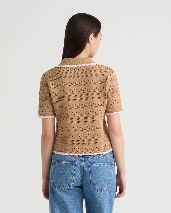 Button Front Crochet Sweater with Contrast Edge