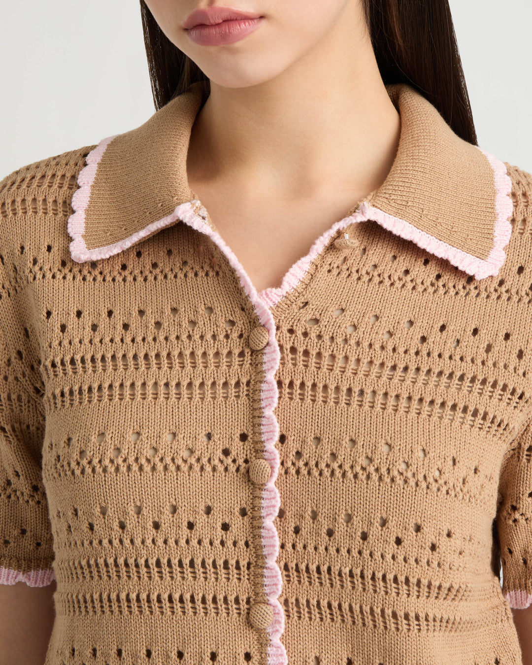 Button Front Crochet Sweater with Contrast Edge