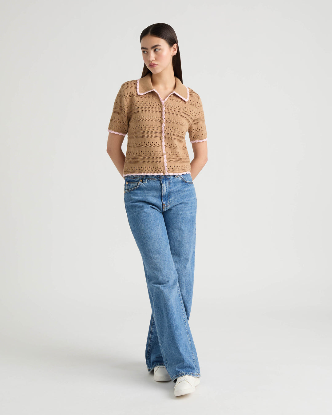 Button Front Crochet Sweater with Contrast Edge