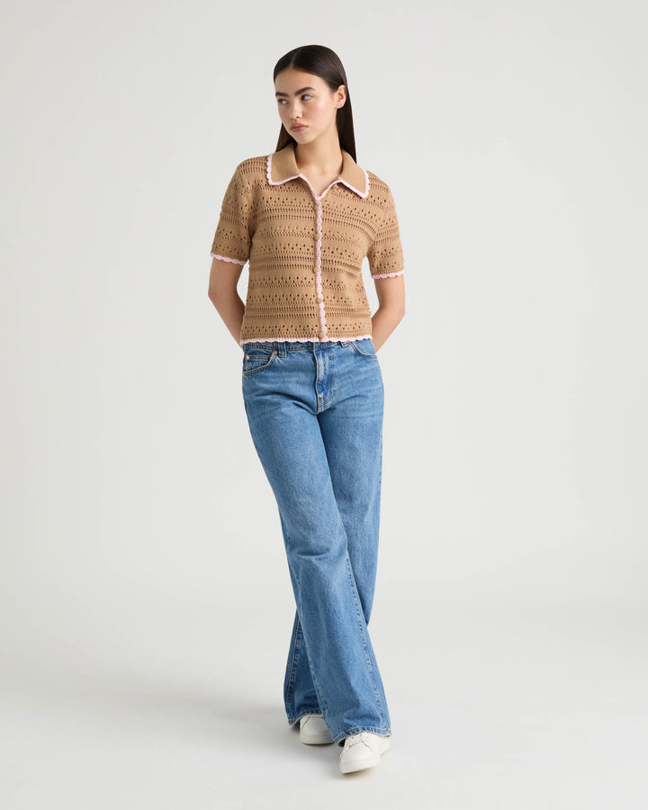 Button Front Crochet Sweater with Contrast Edge