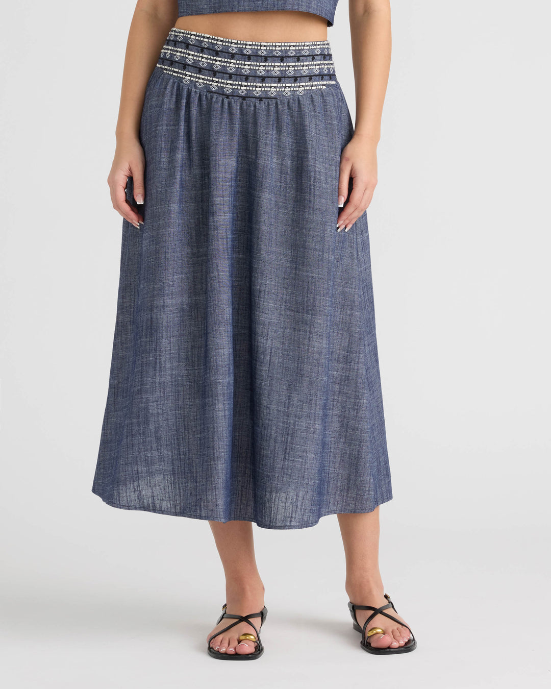 Midi Skirt with Embroidered Yoke
