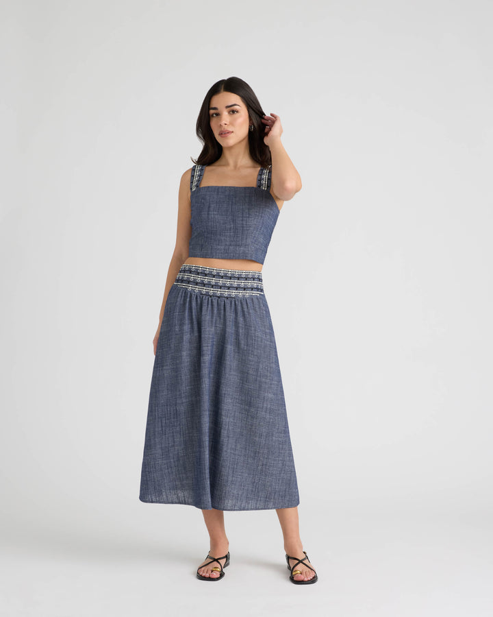 Midi Skirt with Embroidered Yoke