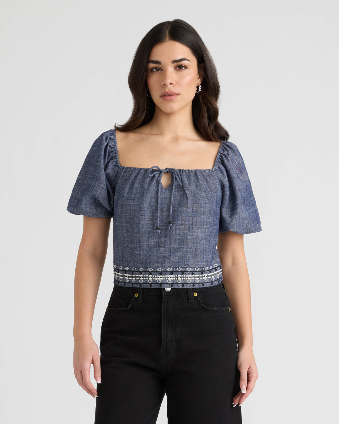 Embroidered Balloon Sleeve Top
