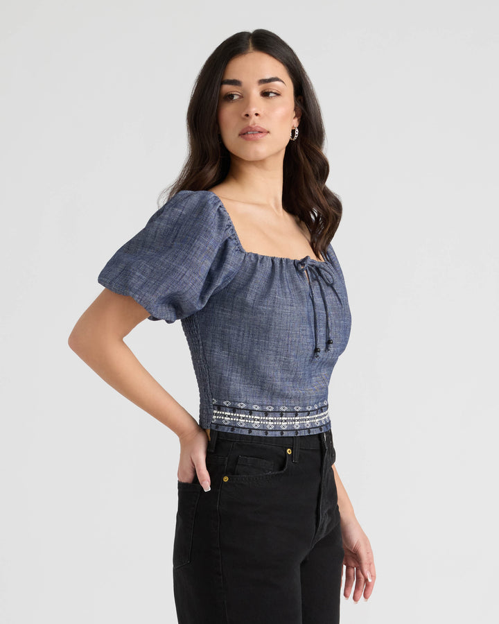 Embroidered Balloon Sleeve Top