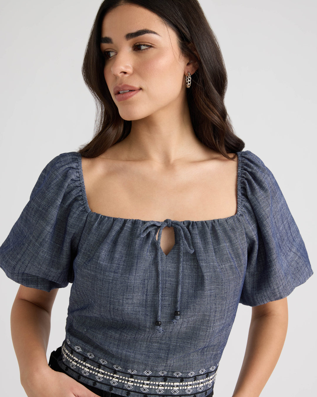 Embroidered Balloon Sleeve Top