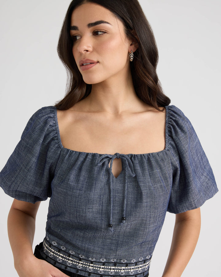 Embroidered Balloon Sleeve Top