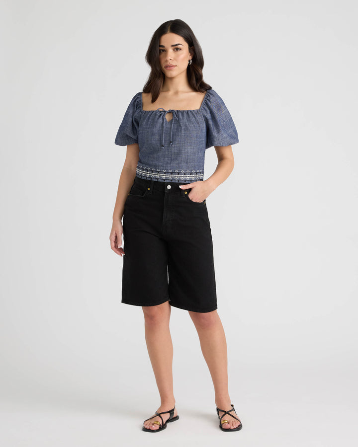Embroidered Balloon Sleeve Top