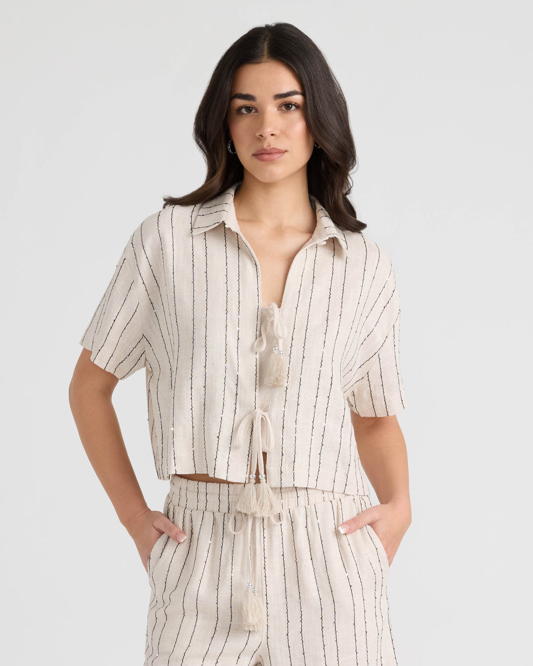 Tie Front Sequins Camp Shirt