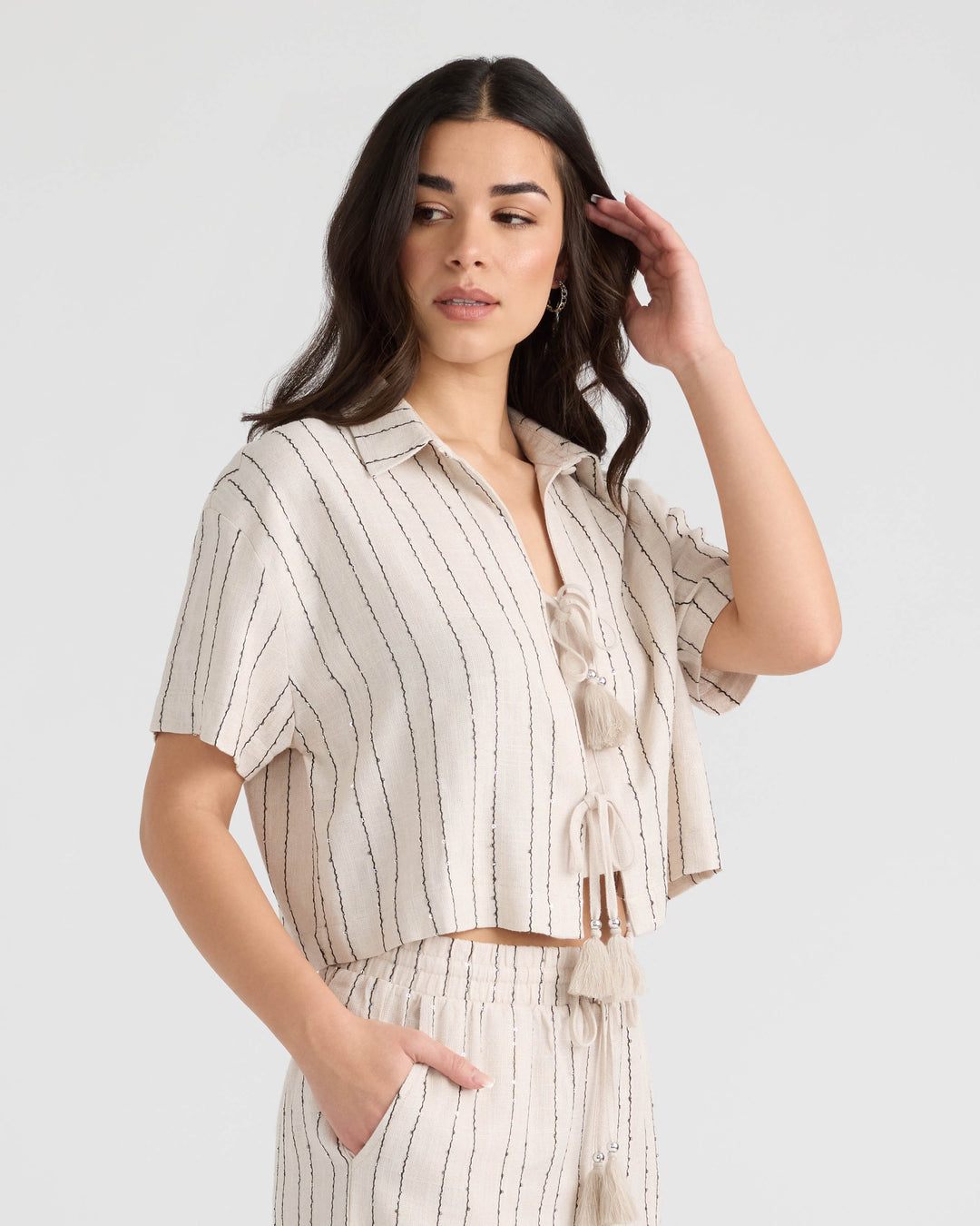 Tie Front Sequins Camp Shirt