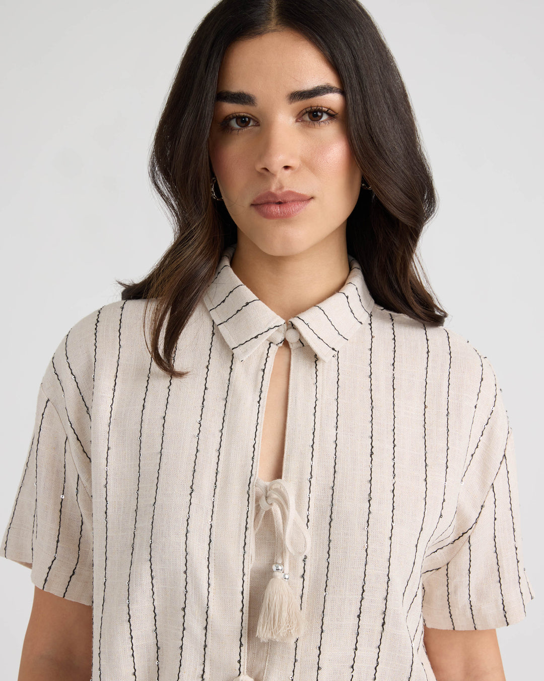 Tie Front Sequins Camp Shirt