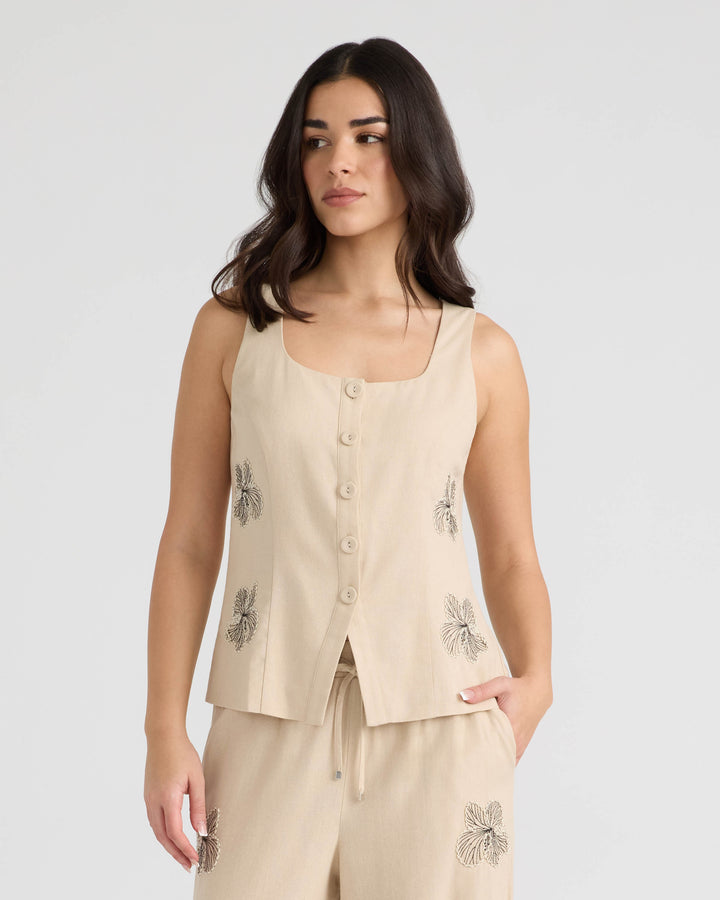 Button Front Embroidered Vest