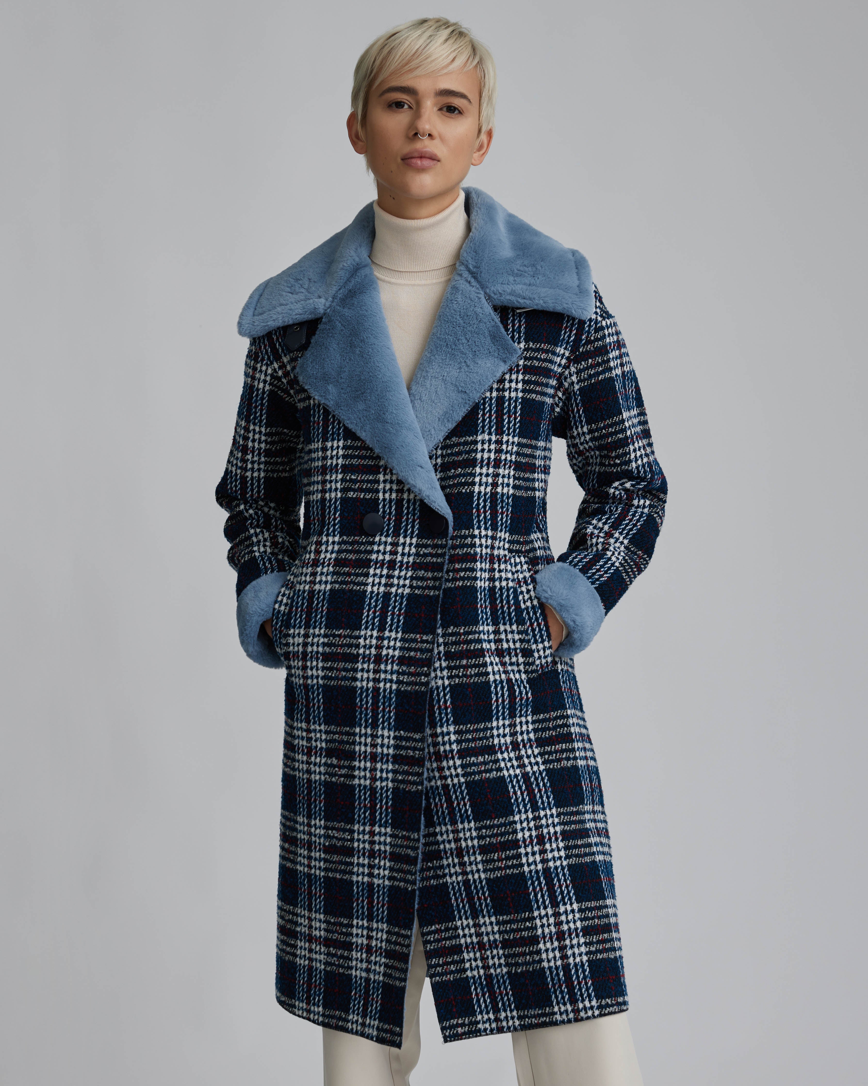 Faux Shearling Long Plaid Coat