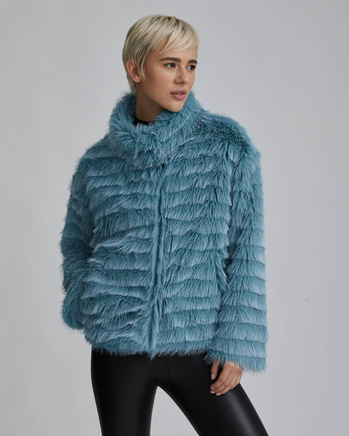 Wave Textured Faux Fur Stand Collar Jacket