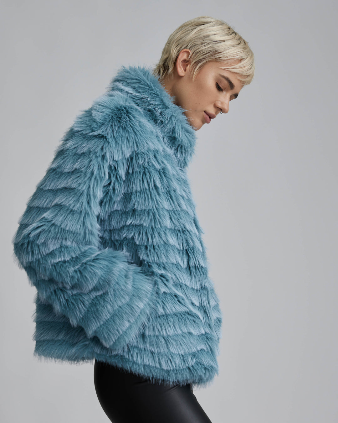 Wave Textured Faux Fur Stand Collar Jacket