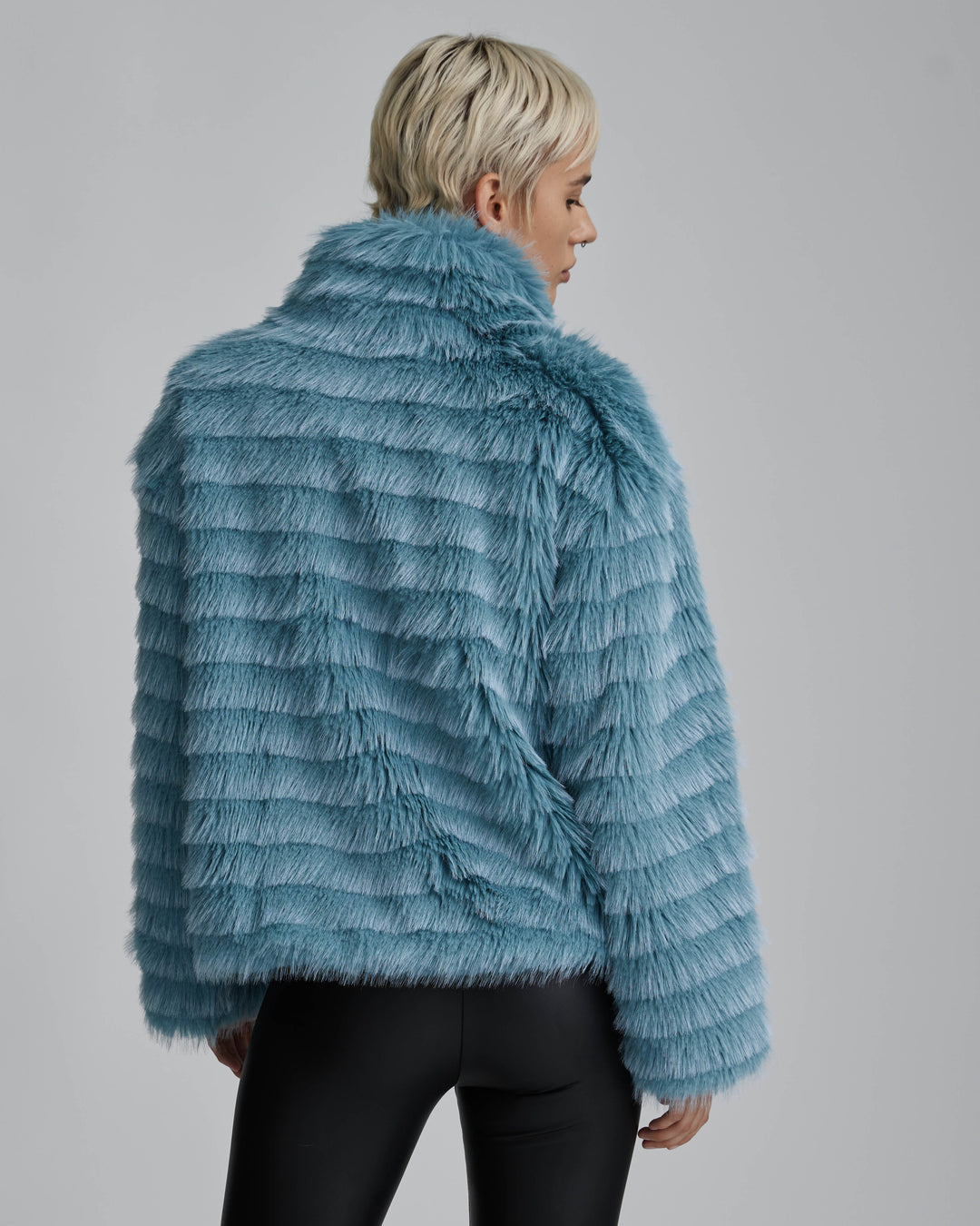 Wave Textured Faux Fur Stand Collar Jacket