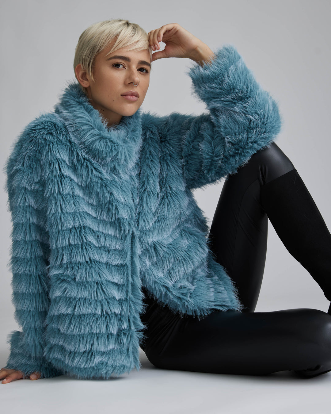 Wave Textured Faux Fur Stand Collar Jacket