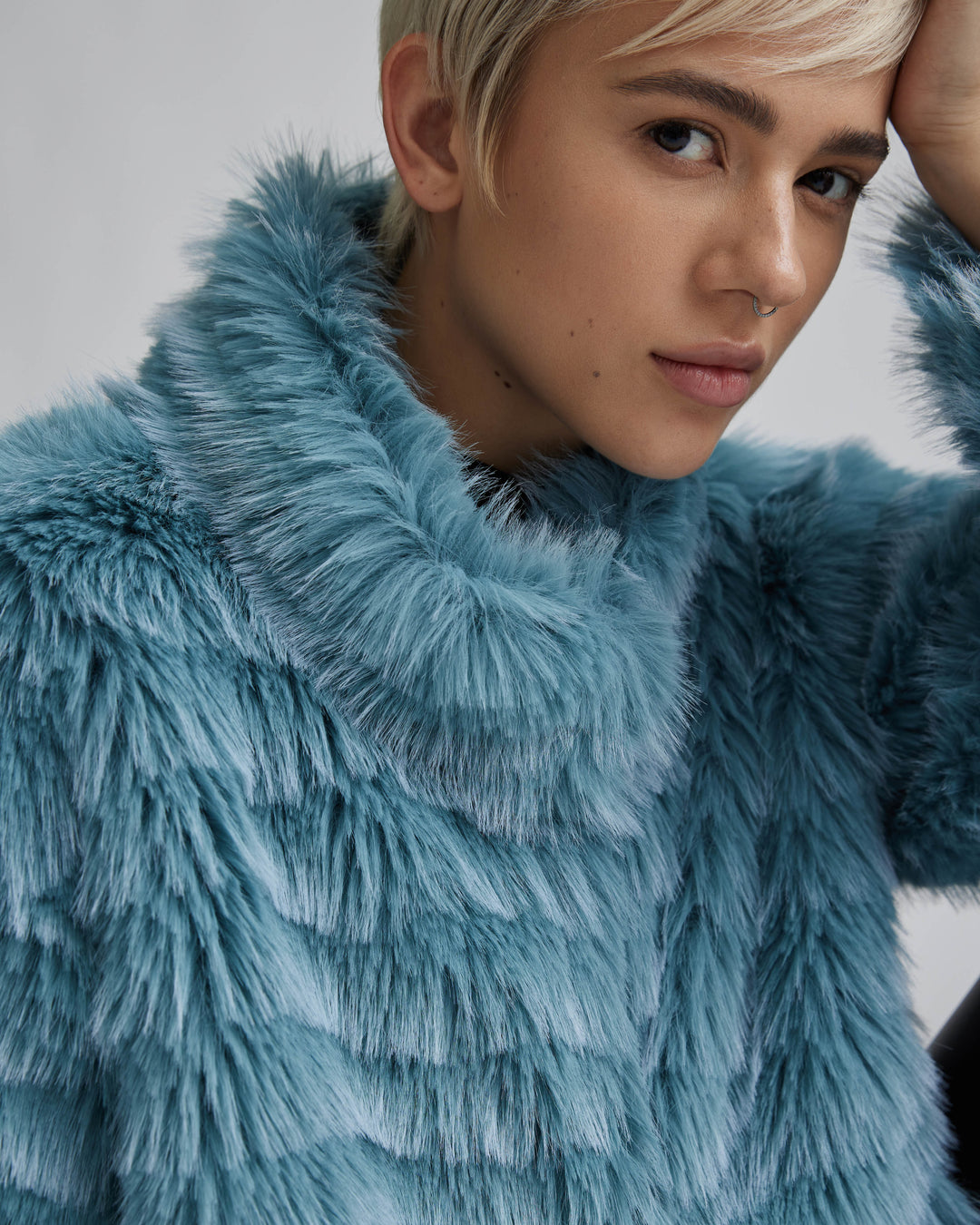 Wave Textured Faux Fur Stand Collar Jacket