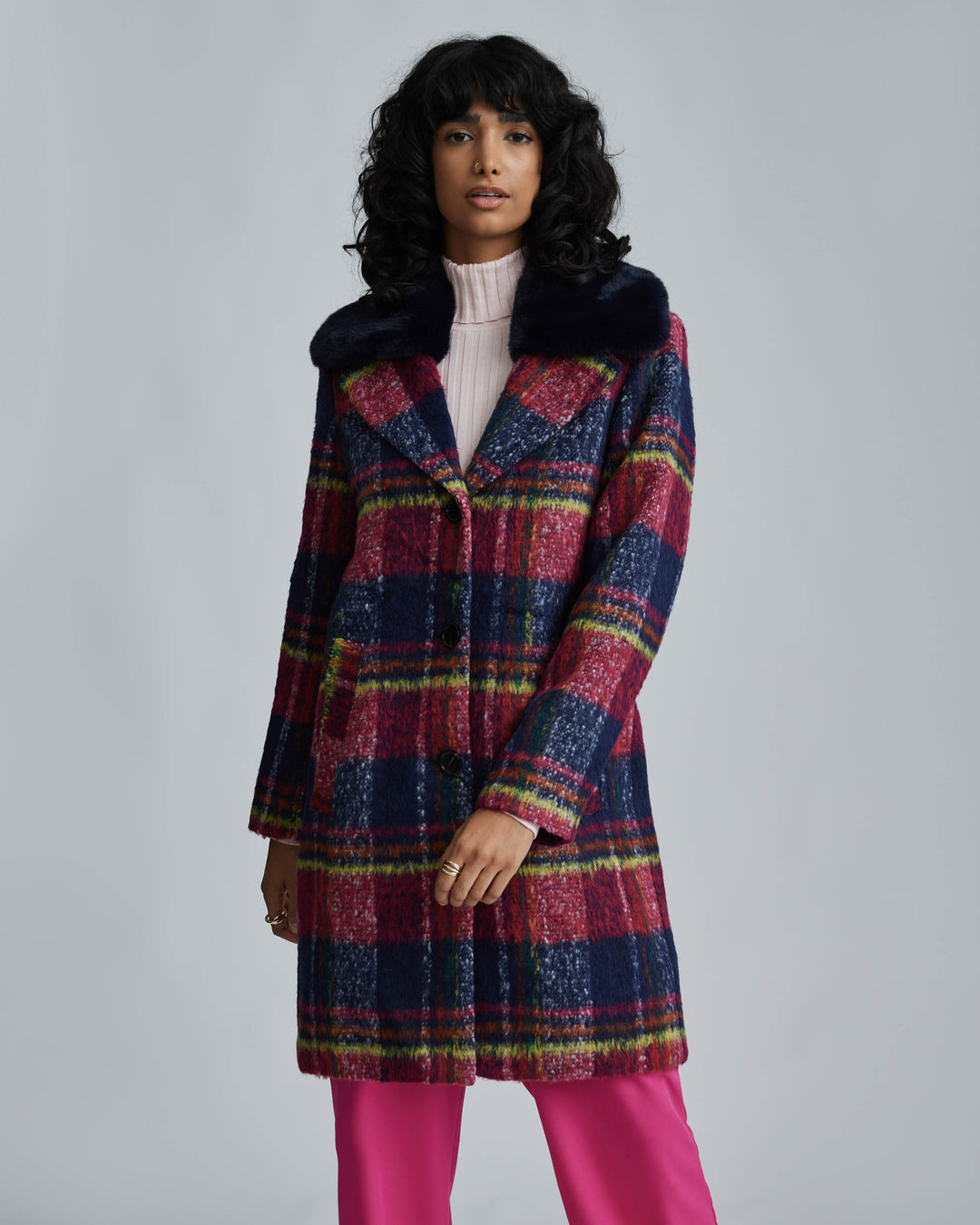 Double breasted plaid faux wool coat