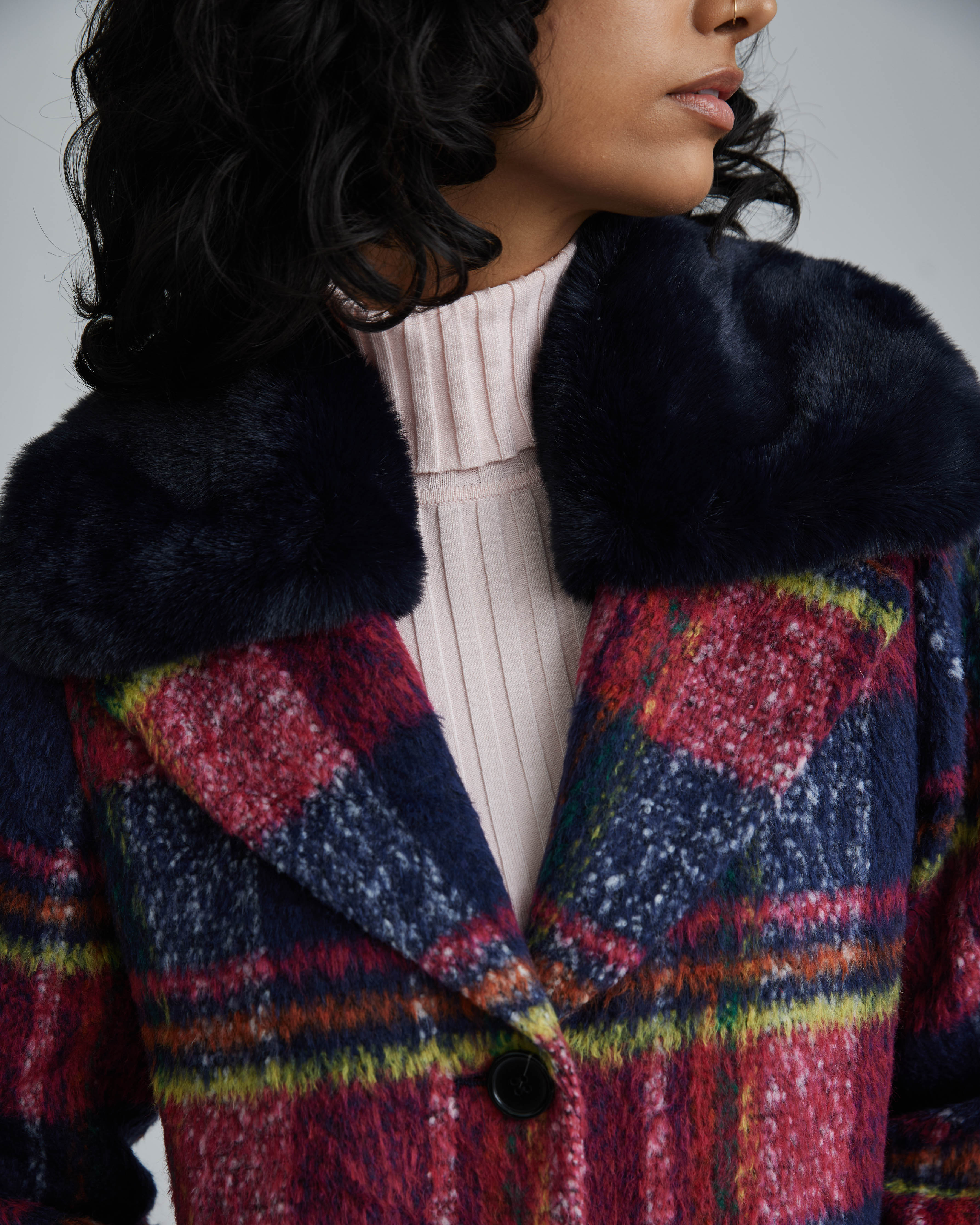 Anthropologie NVLT Faux Fur Long Coat Ping Tartan Fuchsia Plaid Sz XL *NEW* $379 deals